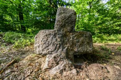 Ústečtí muzejníci vztyčili povalený smírčí kříž u lesní kaple v Krušnohoří