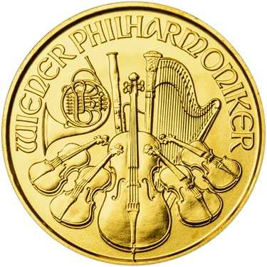 Náhled Averzní strany - Wiener Philharmoniker  1/25 Oz - Investiční zlatá mince
