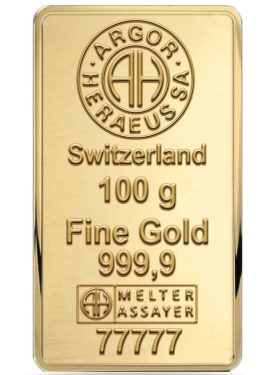 Náhled Averzní strany - Argor Heraeus SA 100 gramů - Investiční zlatý slitek - Set 10 ks slitků