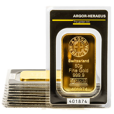 Náhled Averzní strany - Argor Heraeus SA 50 gramů KINEBAR - Investiční zlatý slitek - Set 10ks slitků